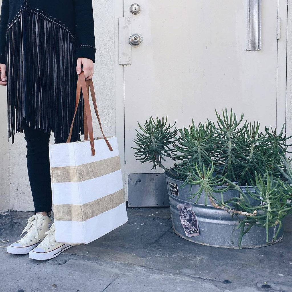 Apolis white stripe tote