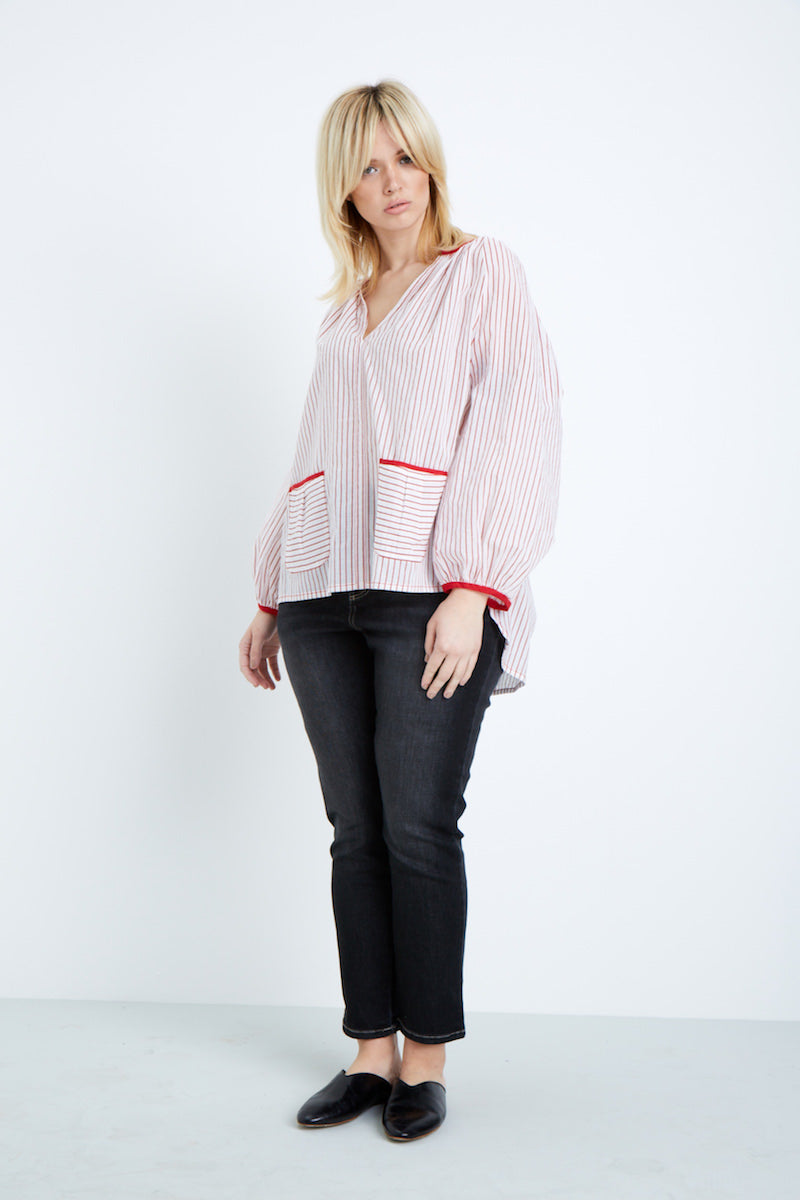 Shegul Red White Striped Cotton Blouse