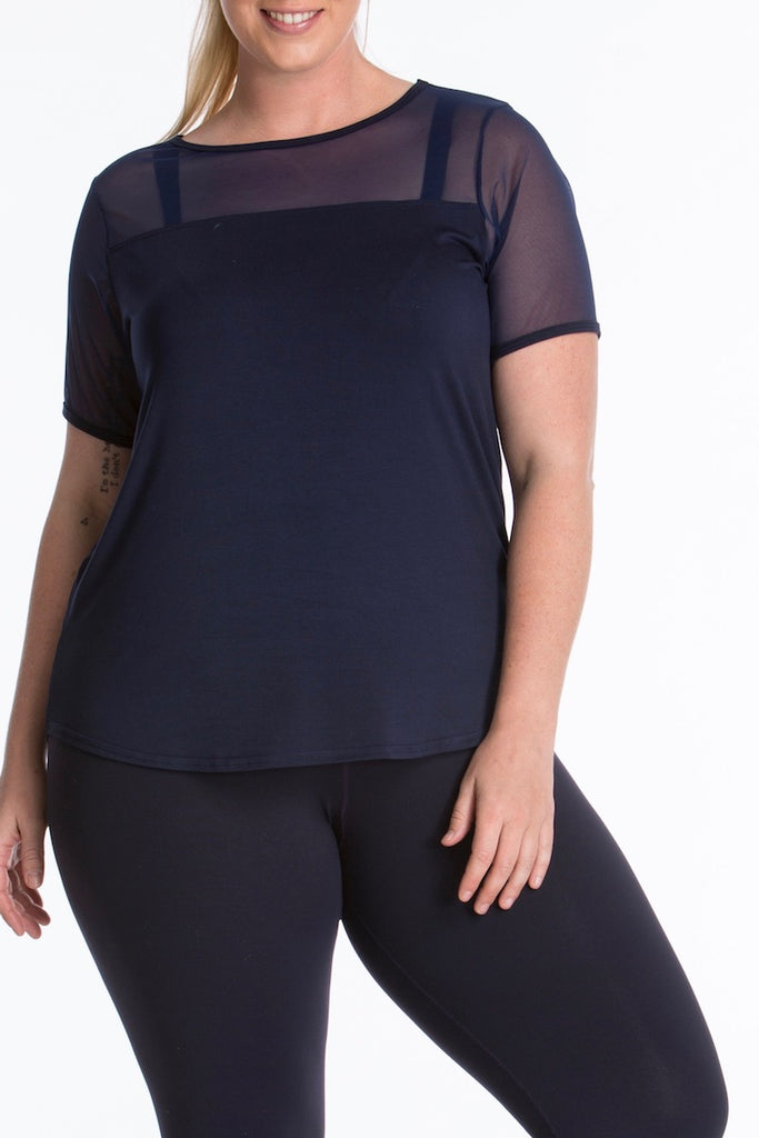 Lola Getts Short Sleeves Mesh Trim Tee plus size activewear Navy