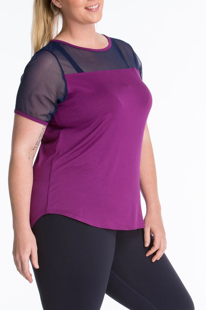 Lola getts short sleeves mesh trim tee plus size activewear plum navy coverstory