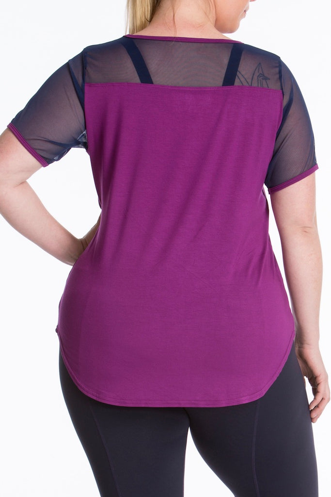 Lola getts short sleeves mesh trim tee plus size activewear plum navy
