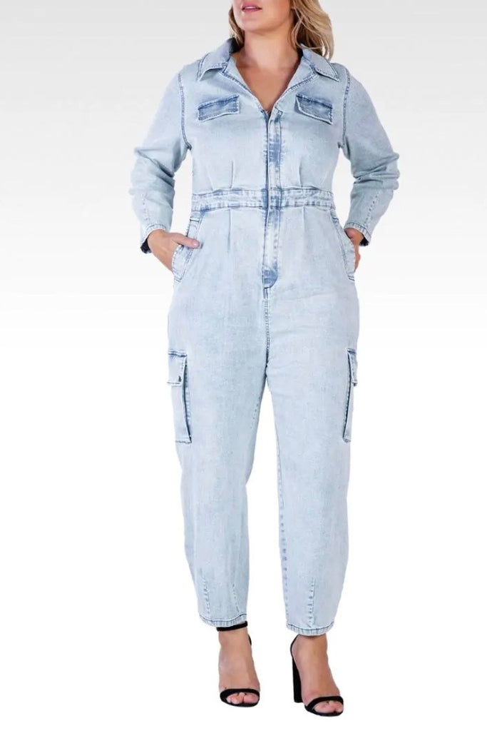 Standards & Practices Portia Cargo Denim Jumpsuit - Bleached Blue