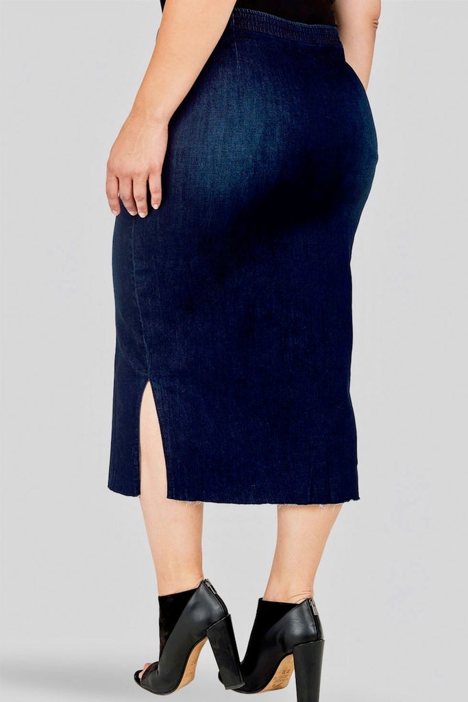 Women's 3 Button Stretch Denim Pencil Skirt - Blue Denim Pencil Skirt –  Moda Xpress